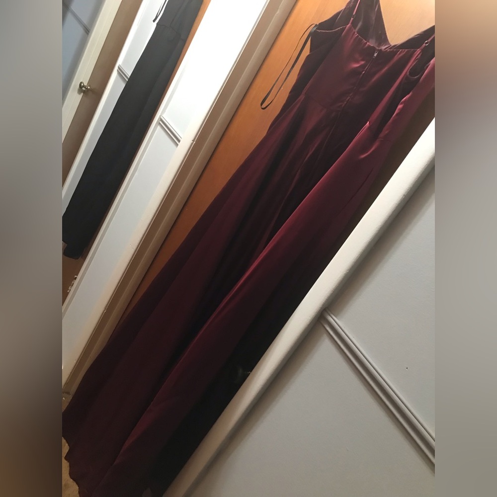Maroon spaghetti strap formal.